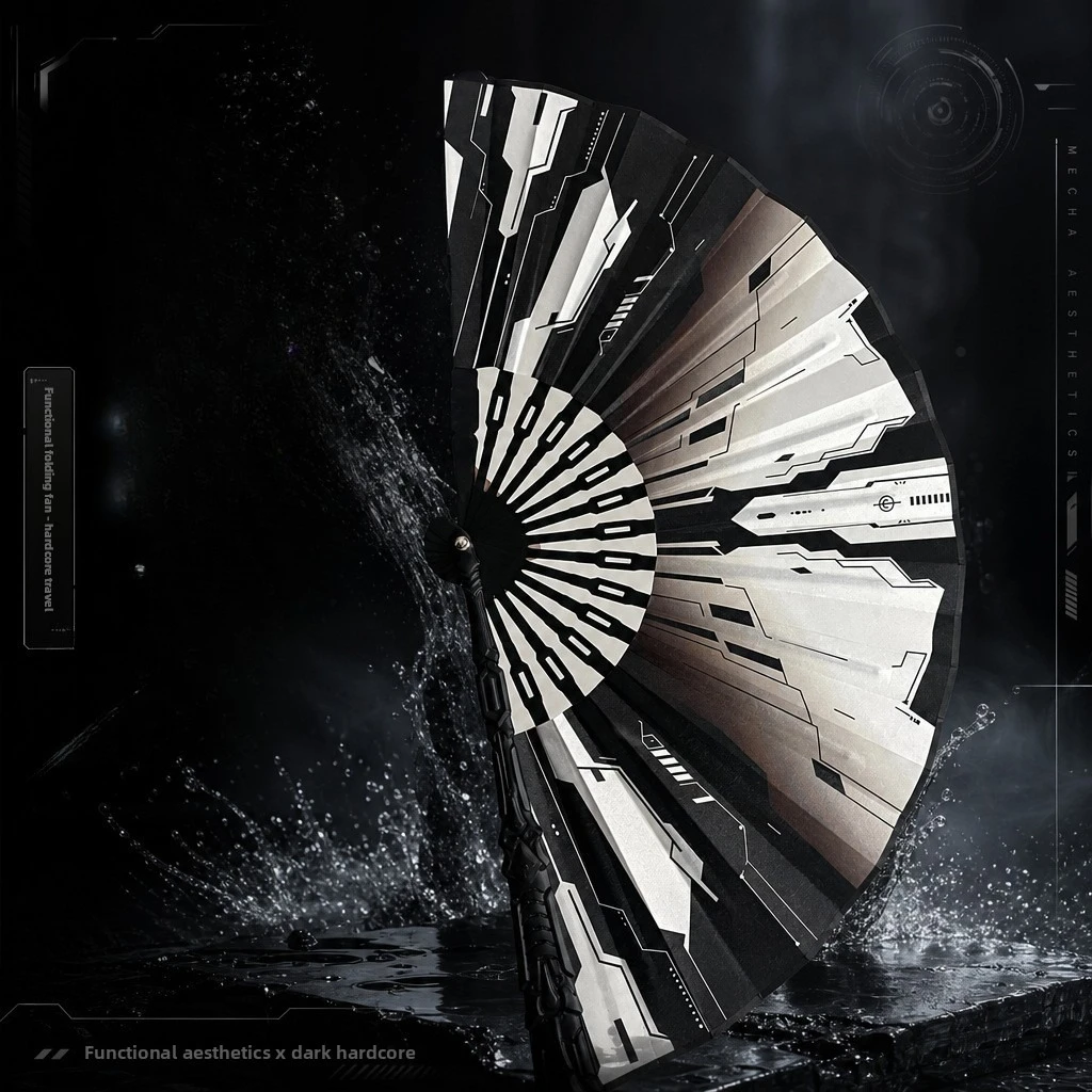 Cyberpunk Alloy Steel Folding Fan 10 Inch Silk Fan Self Defense Martial Arts Performance Gift for Men