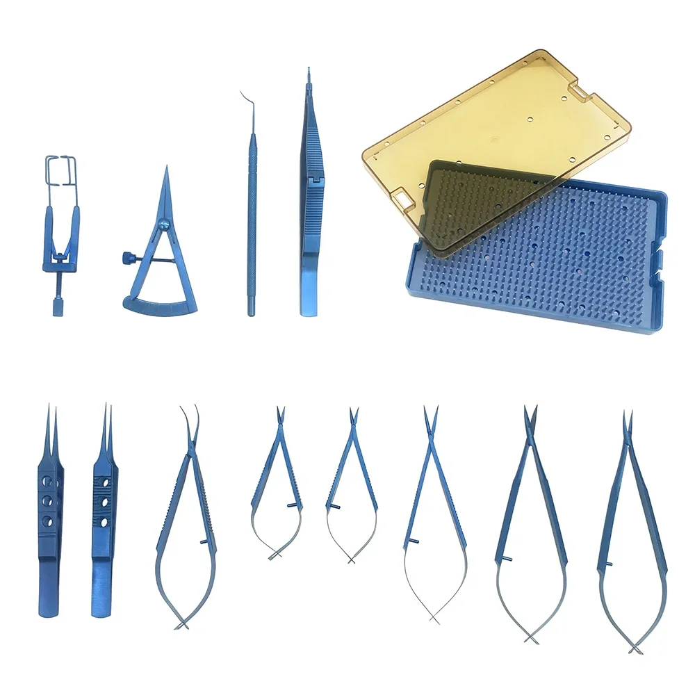 13pcs Ophthalmic Tools Set Corneal Scissors Needle Holder Titanium Sterilization Case Box Silicone Tray Ophthalmic Instrument