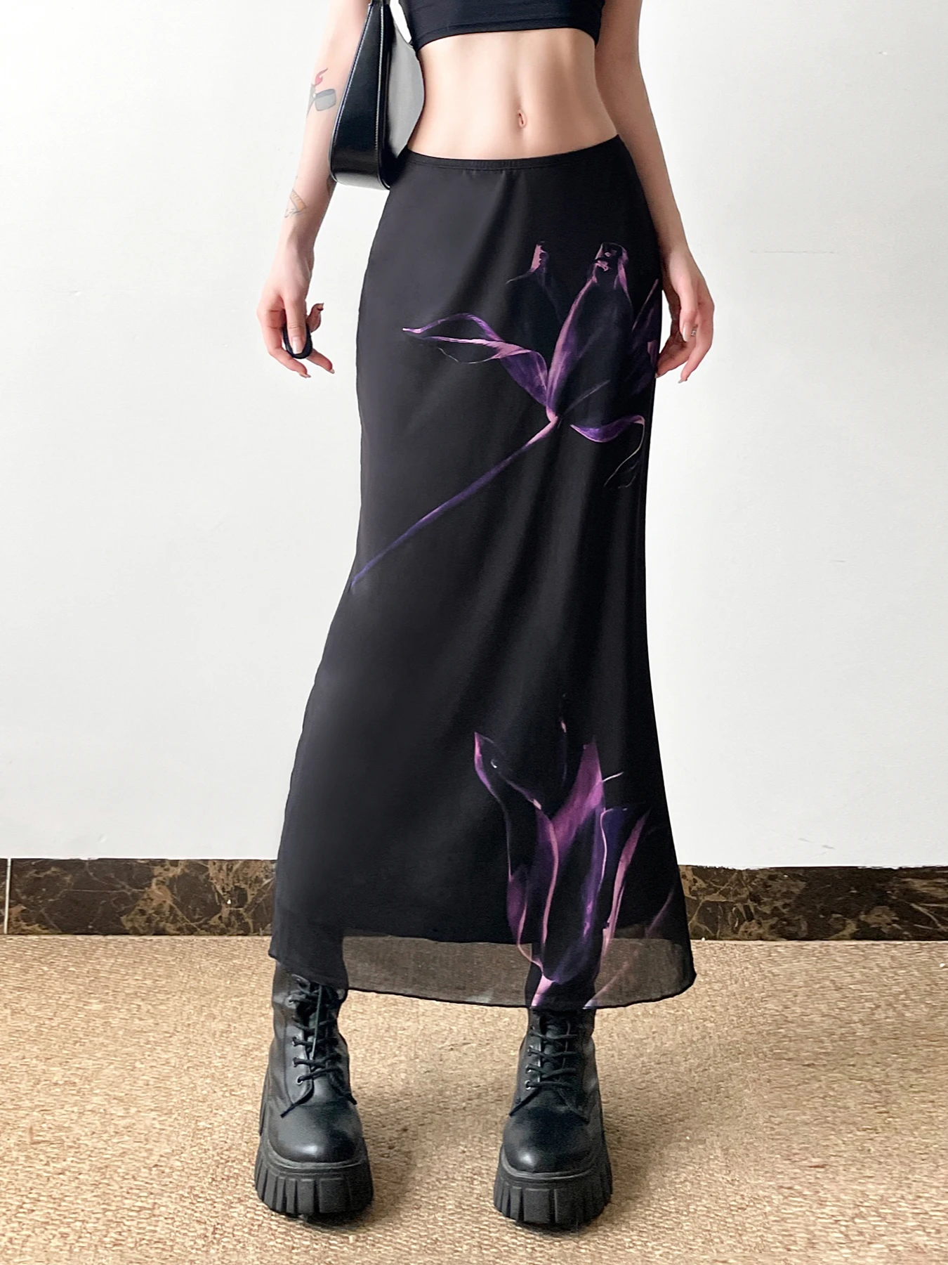 Weekeep Vintage Floral Print Mesh Long Skirt Black Elastic Low Rise Straight Skirts for Women y2k Chic Slim-fitting Lady Bottoms