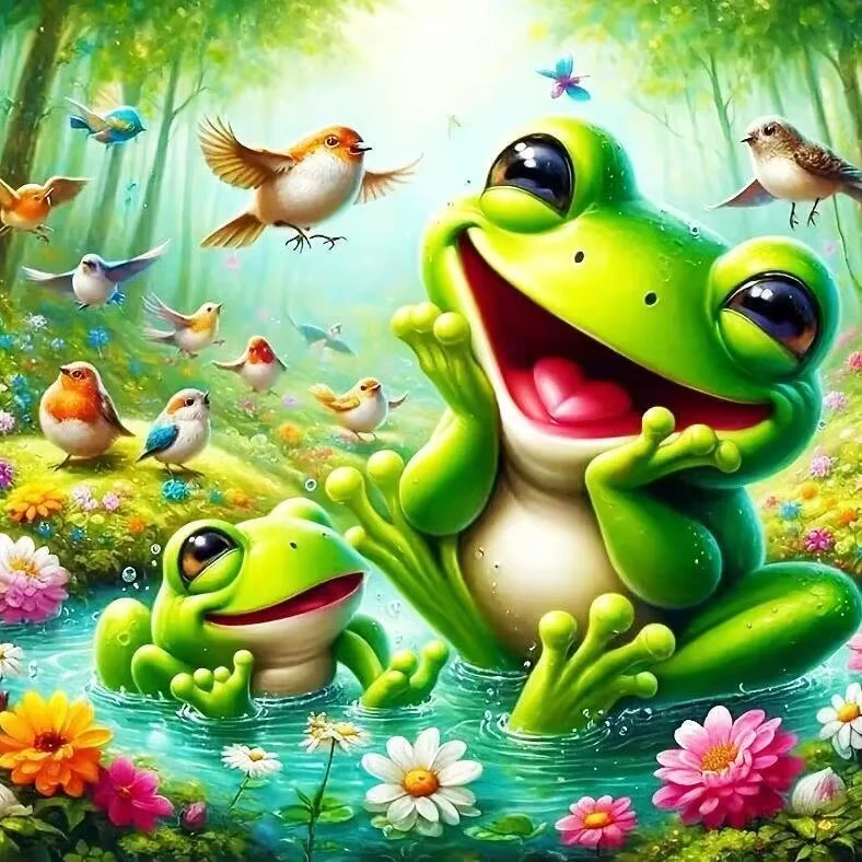 

DIY Happy Frogs in the Pond Jigsaw Puzzle, Cute Cartoon Amphibians with Birds and Flowers Gift High Quality Perfect Home Decor
