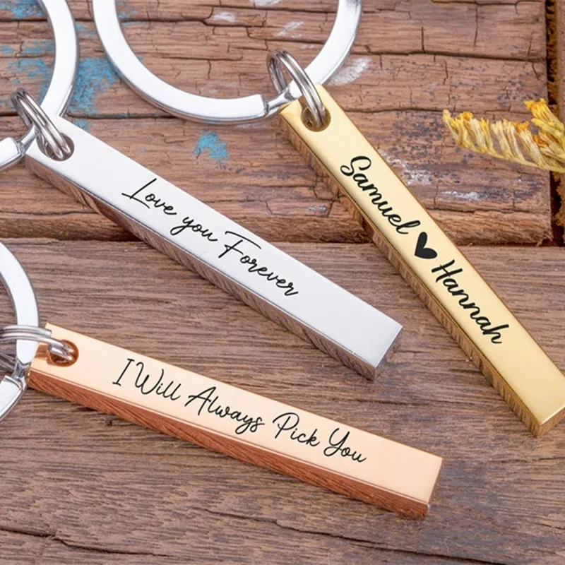 Laser Engrave Vertical Bar Customized Name Stainless Steel Keychain Personalized Anti-lost Key Ring Jewelry Family Gift for Her