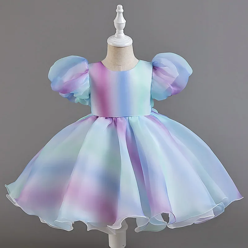 Vestido de noche colorido para niños, vestido de malla, mangas cortas hinchadas, estilo princesa, dulce, actuación # M137