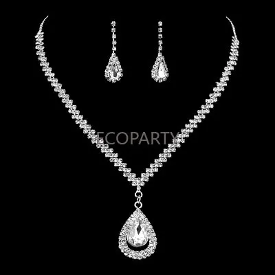 

New silver-plated water drop European and American bride diamond necklace and earrings wedding jewelry set