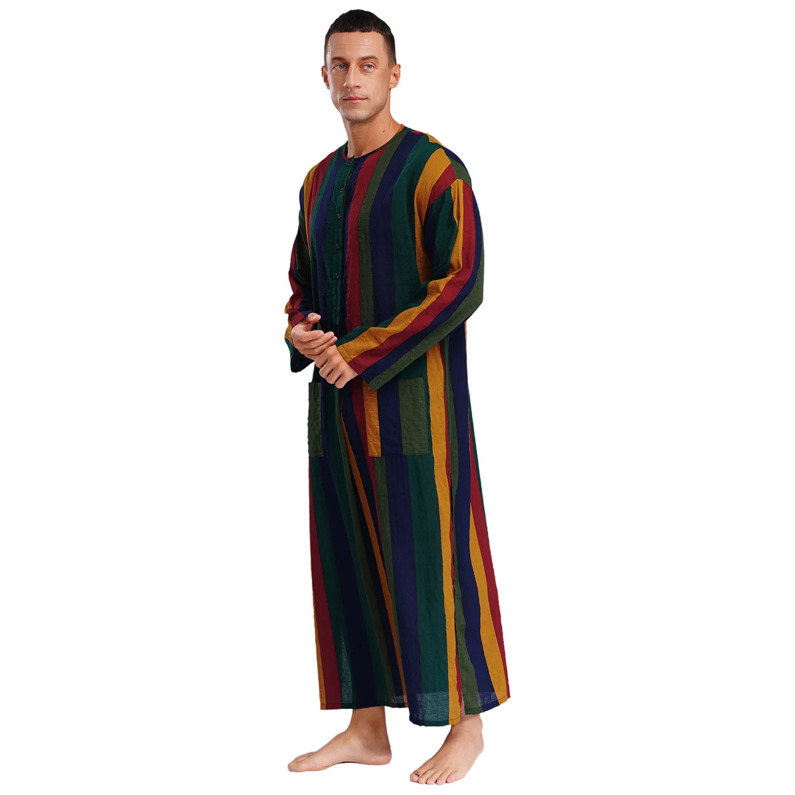 Men Islamic Muslim Thobe Round Neck Leisure Traditional Ethnic Middle East Dress Long Sleeve Stripe Long Gown Buttons Loose Gown