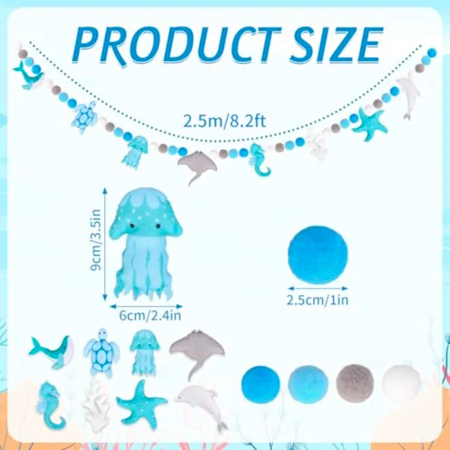 Ocean Animal Felt Banner Hanging Garland 3D Blue Sea Animal Pom Ball Pre-Strung Banner Ornament for Summer Holiday Birthday Par