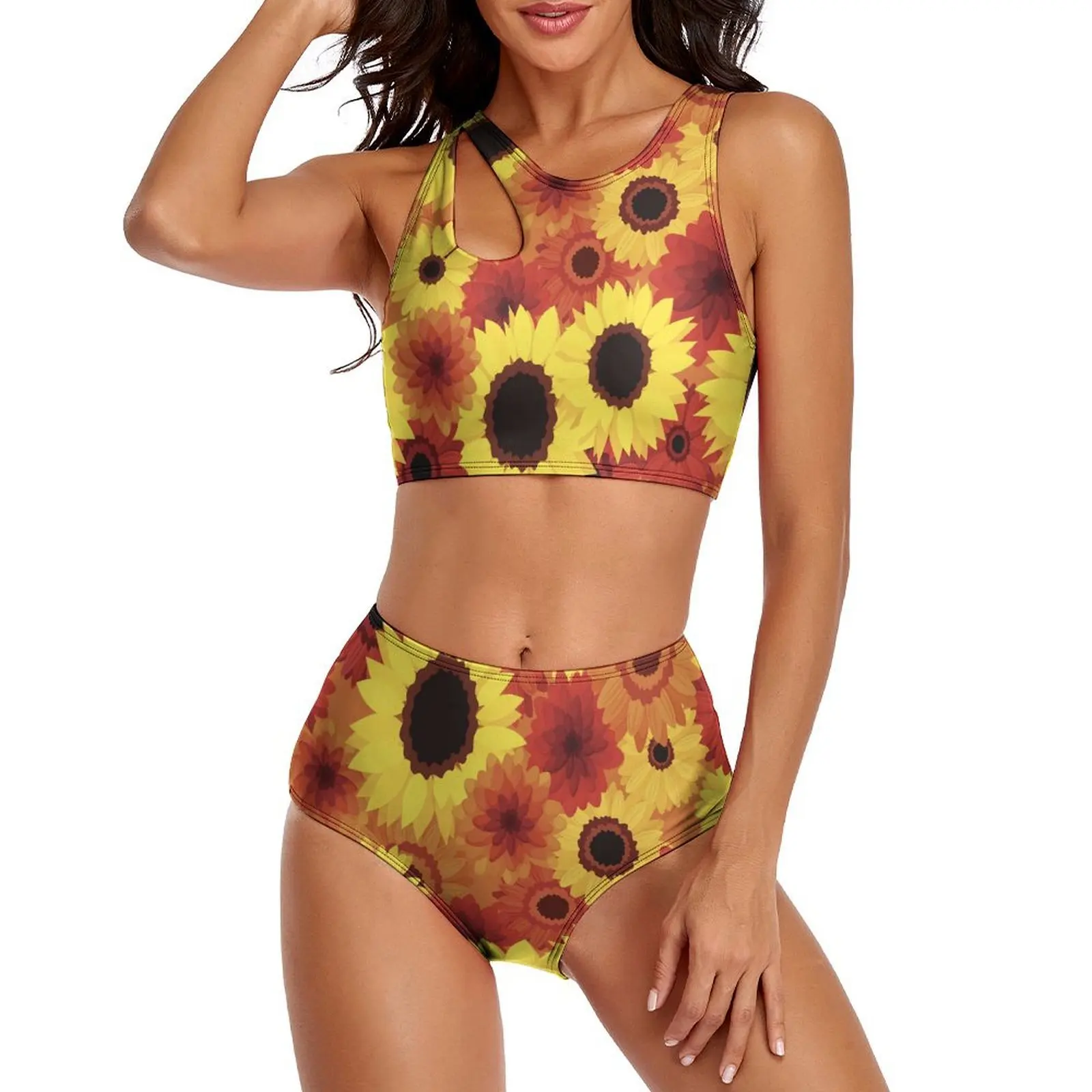 Sexy Red Yellow Sunflower Bikini Set Women Colorful Flowers Modern Bikini Swimsuit High Waisted Swimwear Oversize Beach Outfits