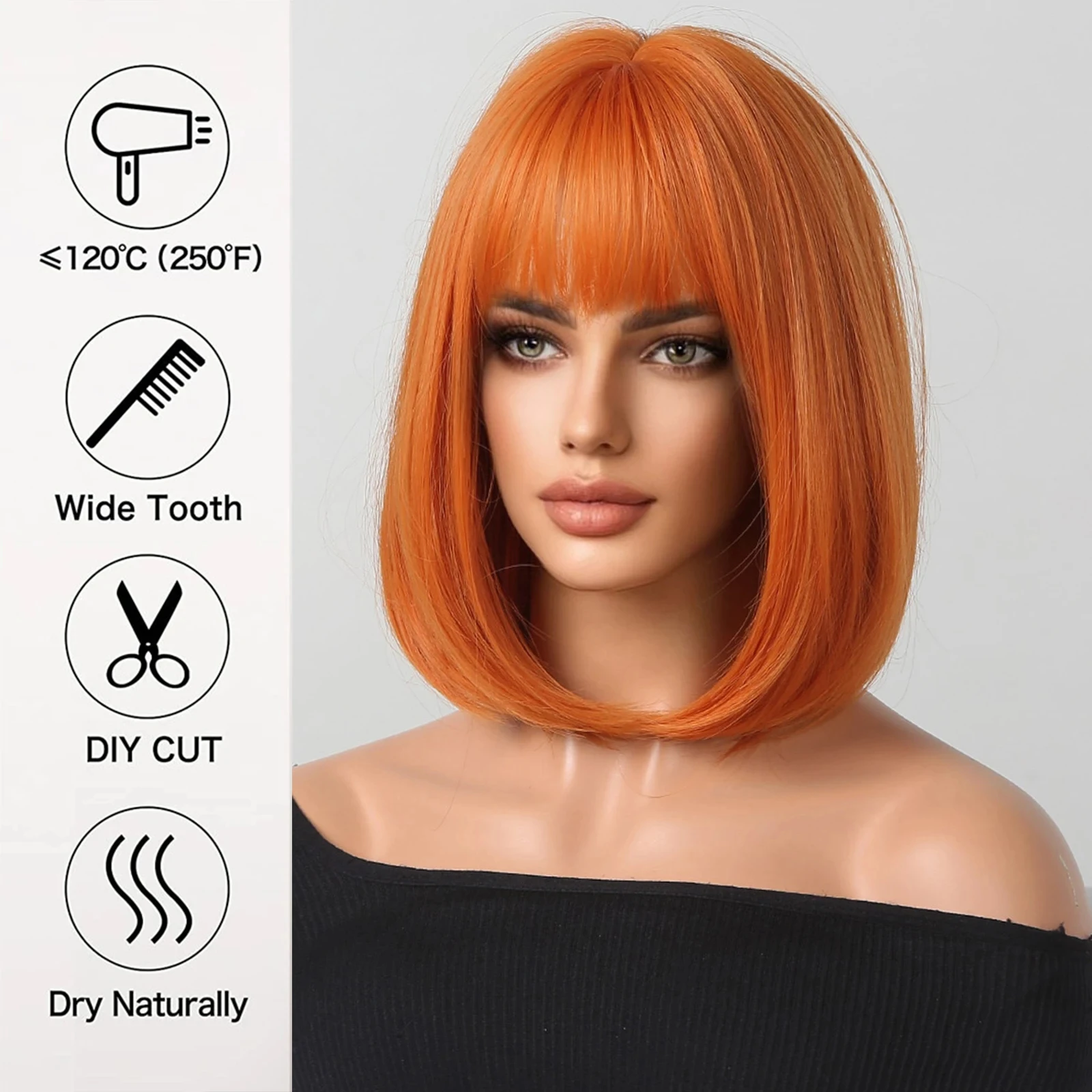 Orange Bob Hairstyle Synthetic Wig for Halloween Party Cosplay Wig Daily High-Temperature Hair Accessory