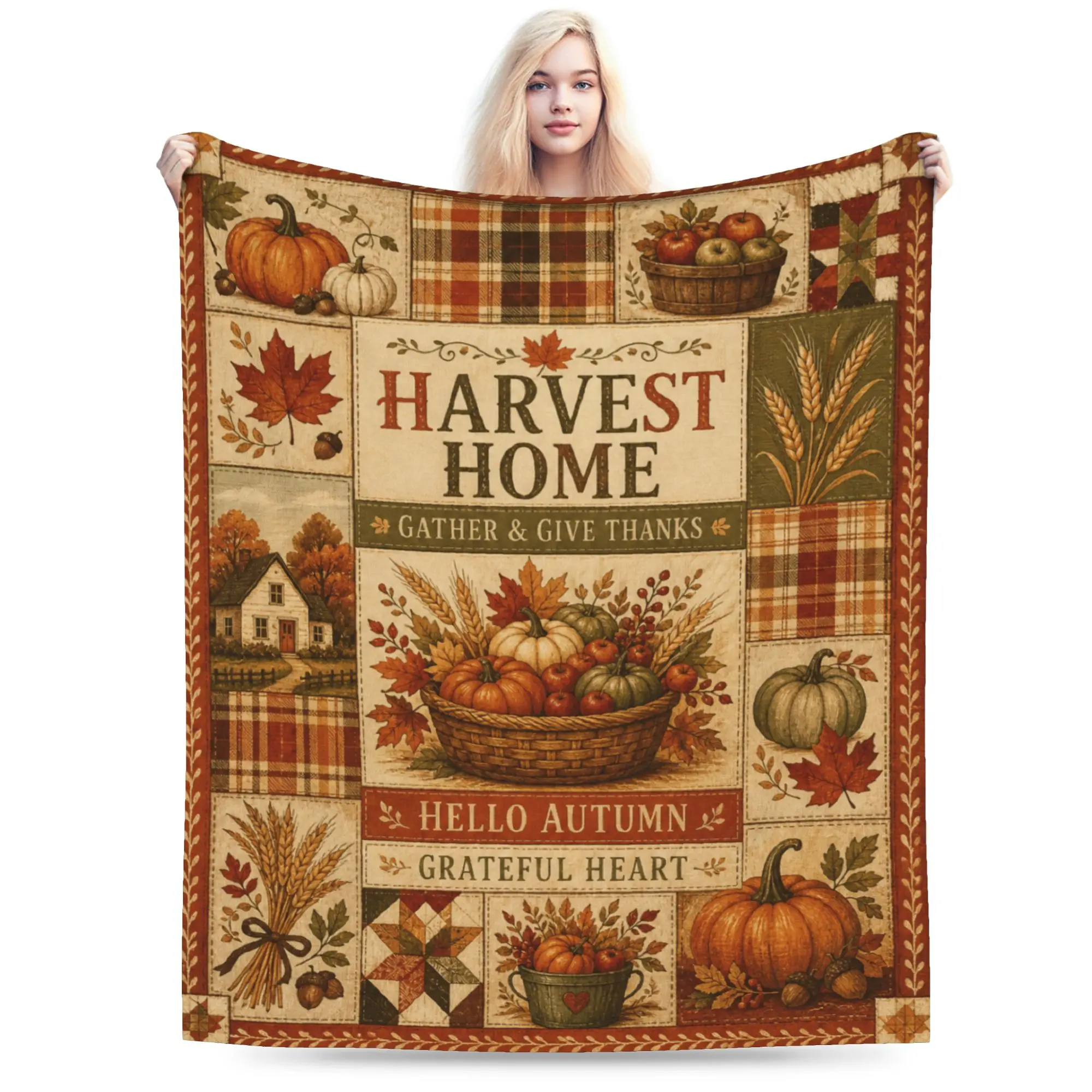 Thanksgiving Fall Season Throw Blanket Harvest Pumpkin Patchwork Autumn Farmhouse Home Decor Merch Blankets for Room Decoration