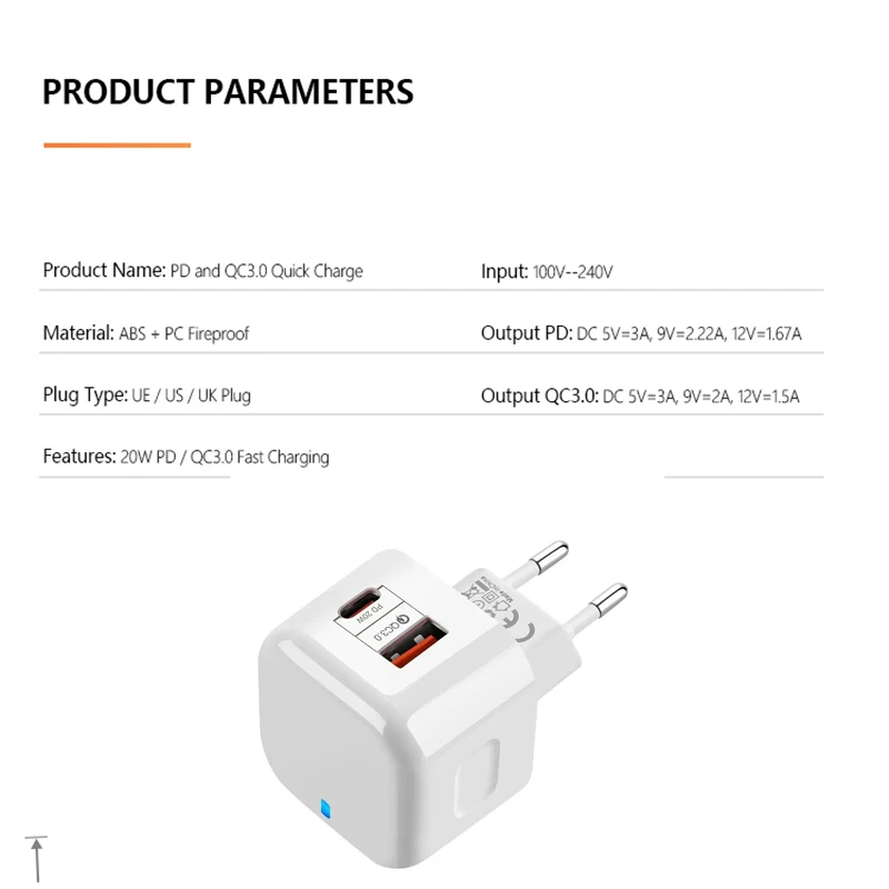 Quick Charger QC3.0 Type C Charger PD 20W USB-C Fast Charging Travel Wall Charger Power Adapter For iPhone 13 12Pro Max