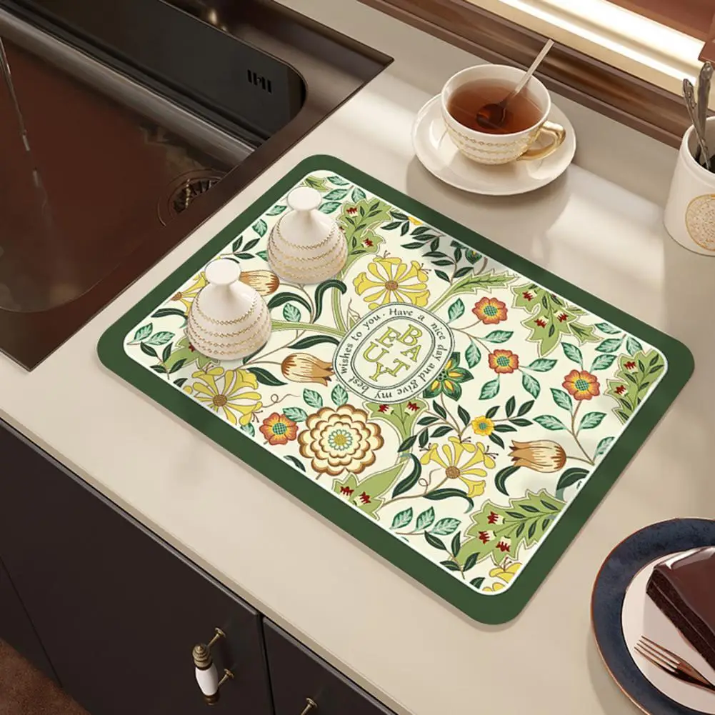 Kitchen Drain Mat Great Water Absorption Capacity Washable Floral Printing Stirrer Mat Anti-skid Bottom Bar Dish Drying Mat