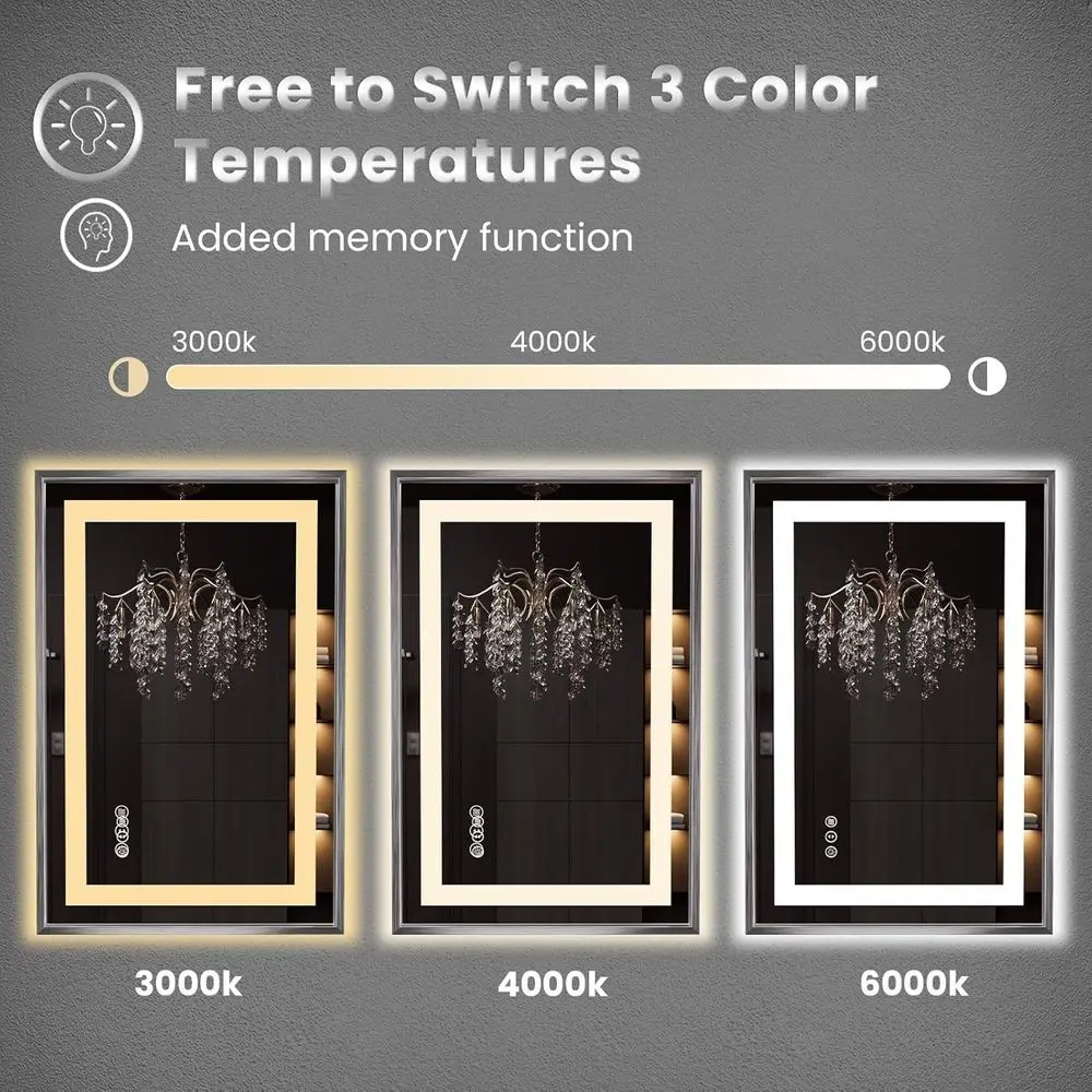 مرآة حمام مضيئة 24 × 36 بإطار من النيكل المصقول، مضادة للضباب، مقاومة للكسر، قابلة للتعتيم، 3 ألوان #4