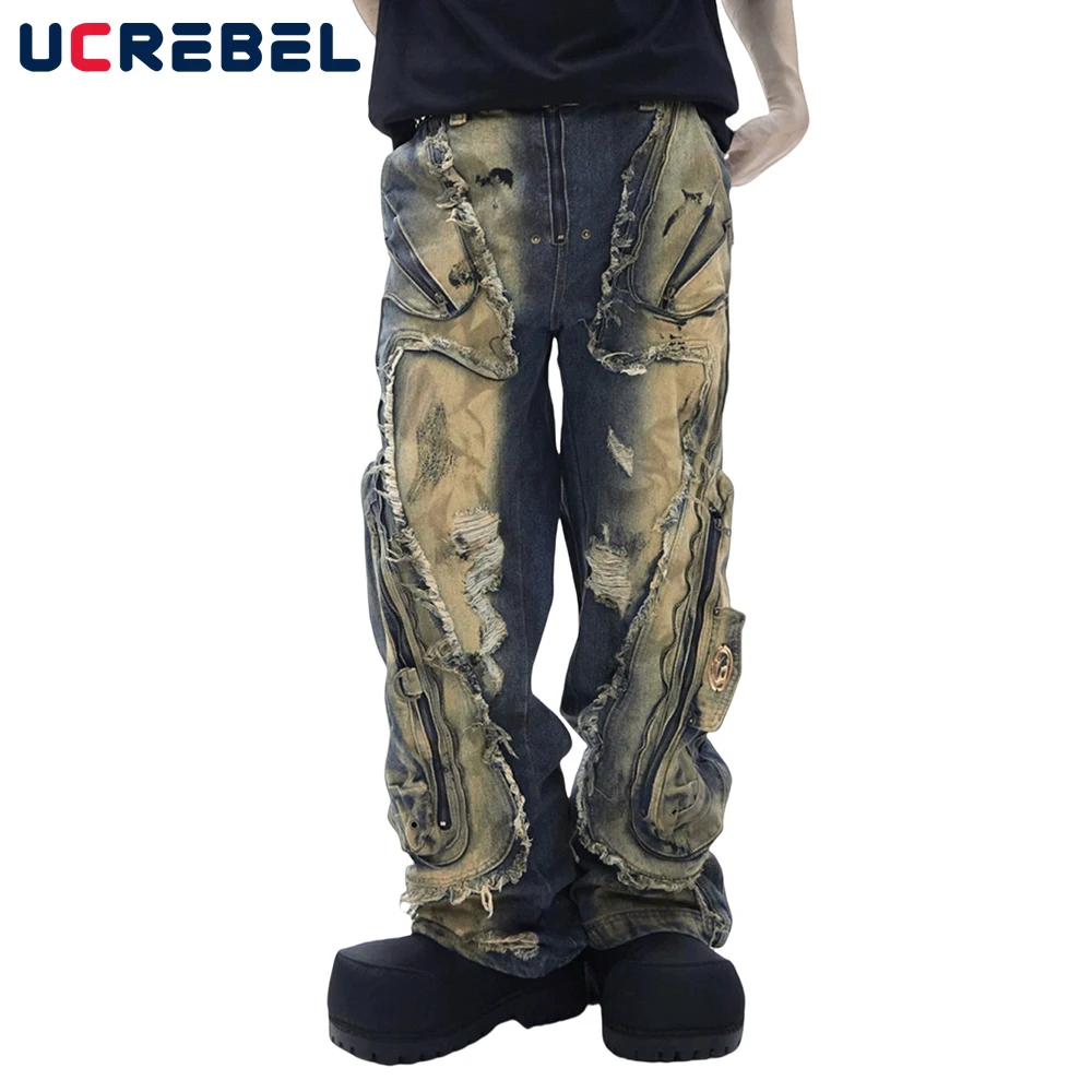 

Zipper Decoration Jeans Mens Raw Edge Spliced Washed Distressed Hip Hop High Street Baggy Denim Wide Leg Pants Men