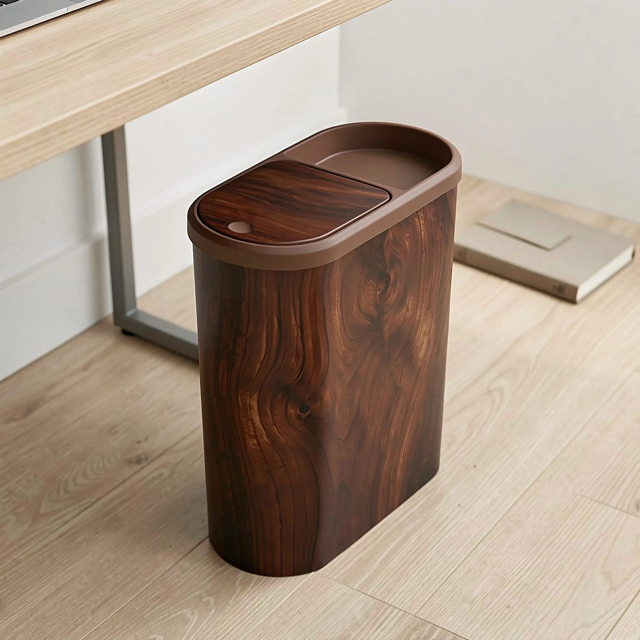 9L Narrow Trash Can Lid Wood Grain Look Slim Plastic Garbage Bin Space Saving Bathroom Kitchen Wastebasket Bathroom Garbage Bin