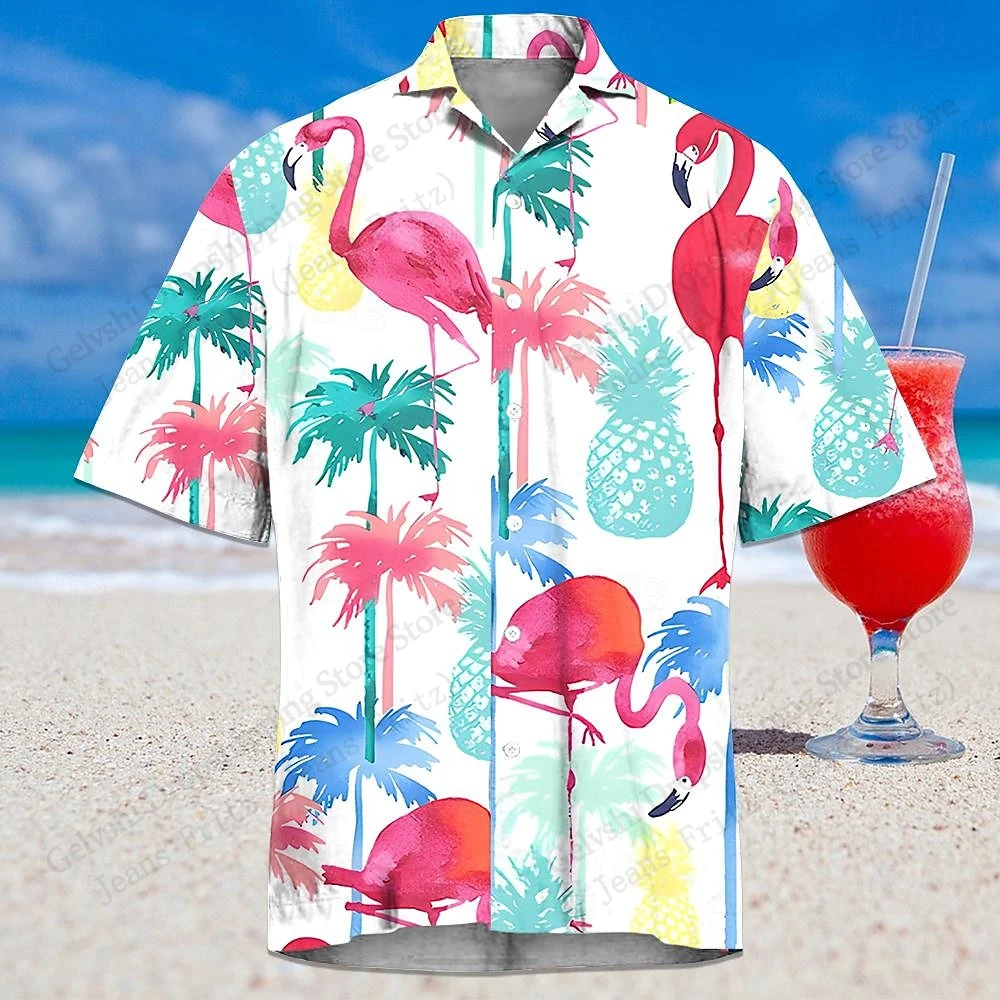 Flamingo Bird Hawaiian Shirt Cartoon Animals 3D Print Shirt Men Women Fashion Short Sleeve Beach Blouse Men Clothing Holiday y2k