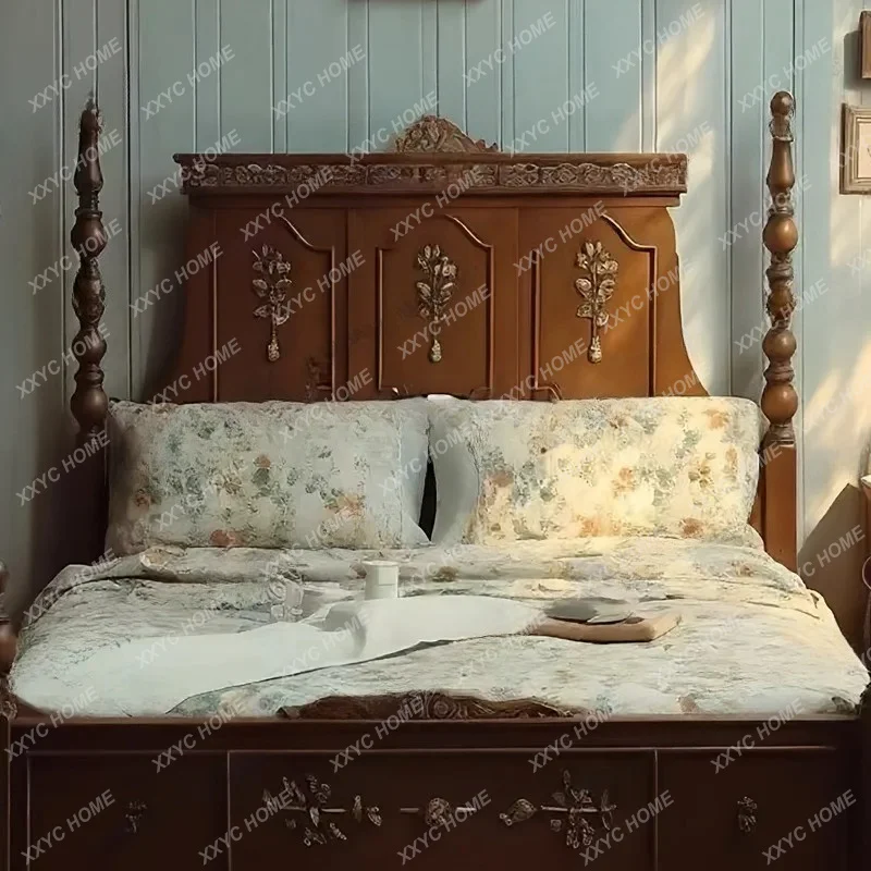 XX L retro solid wood carving flower bed classical villa master bedroom high backrest bed