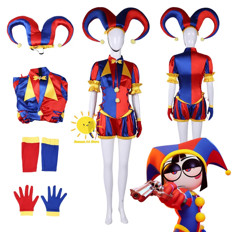 Anime The Amazing Digital Circus Cosplay Pomni Cosplay Kostüme Bodysuit Hut Handschuhe Socken Pomni Rollen-Outfit Halloween Cosplay für Frauen