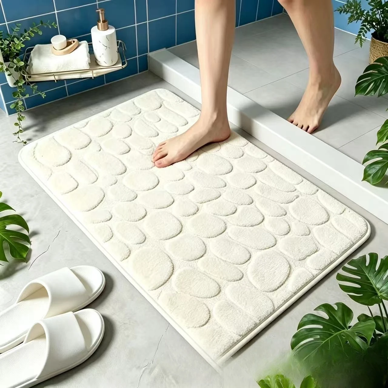 Thickened Cobblestone Bath Mat Non-Slip Shower Floor Rug Super Absorbent Memory Foam Bathroom Mat Quick Dry Washable