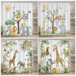 Cartoon Wild Animals Shower Curtains Lion Elephant Giraffe Monkey Forest Wildlife Kids Bath Curtain Fabric Home Bathroom Decor