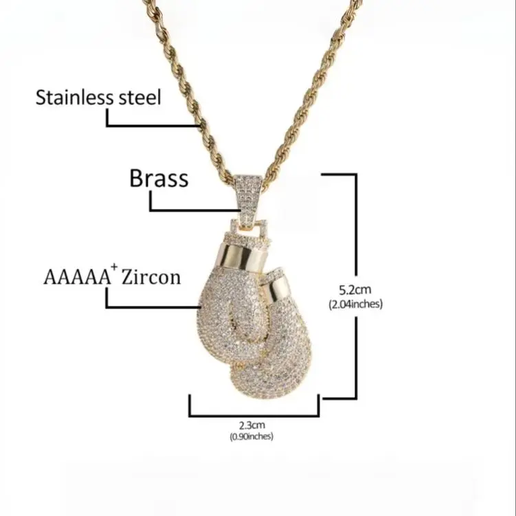 Hip Hop Bling Iced Cubic Zircon Boxing Gloves Pendant Necklace Men and Women Rock Punk Trend Rapper Jewelry Gift
