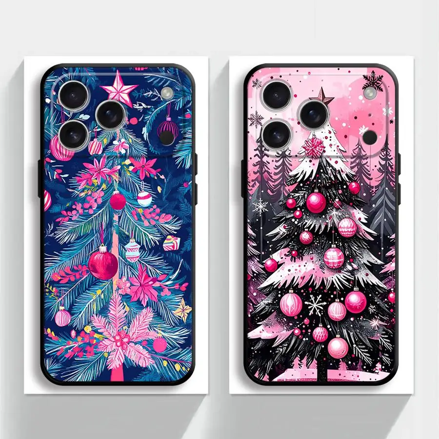 حافظة لهاتف آيفون XS Max 7 8 XR 17Air 15 16 14 Plus 13 12 11 17 Pro Max شجرة عيد الميلاد الوردي