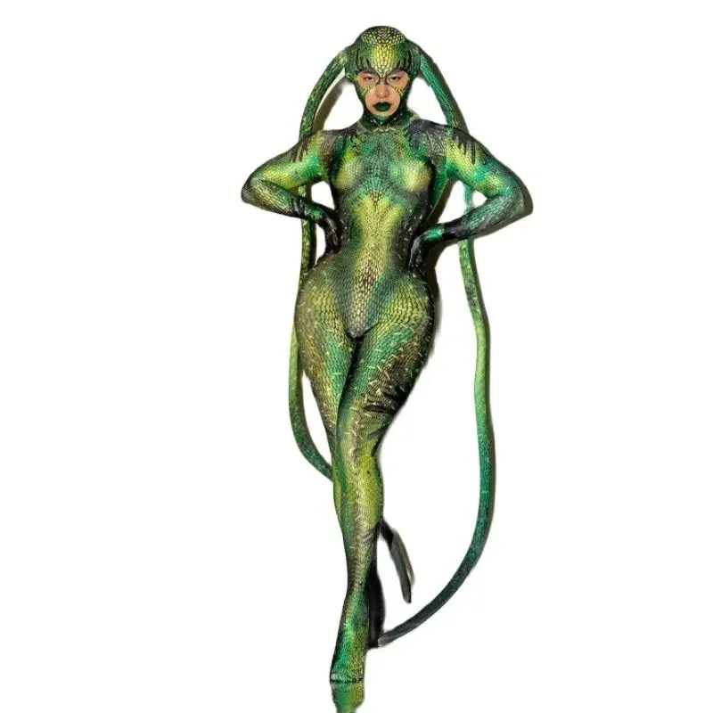 Snake Spandex Stretch Skinny tuta uomo donna Costume Cosplay Halloween Rave Party giochi di ruolo Stage Clothes body verde