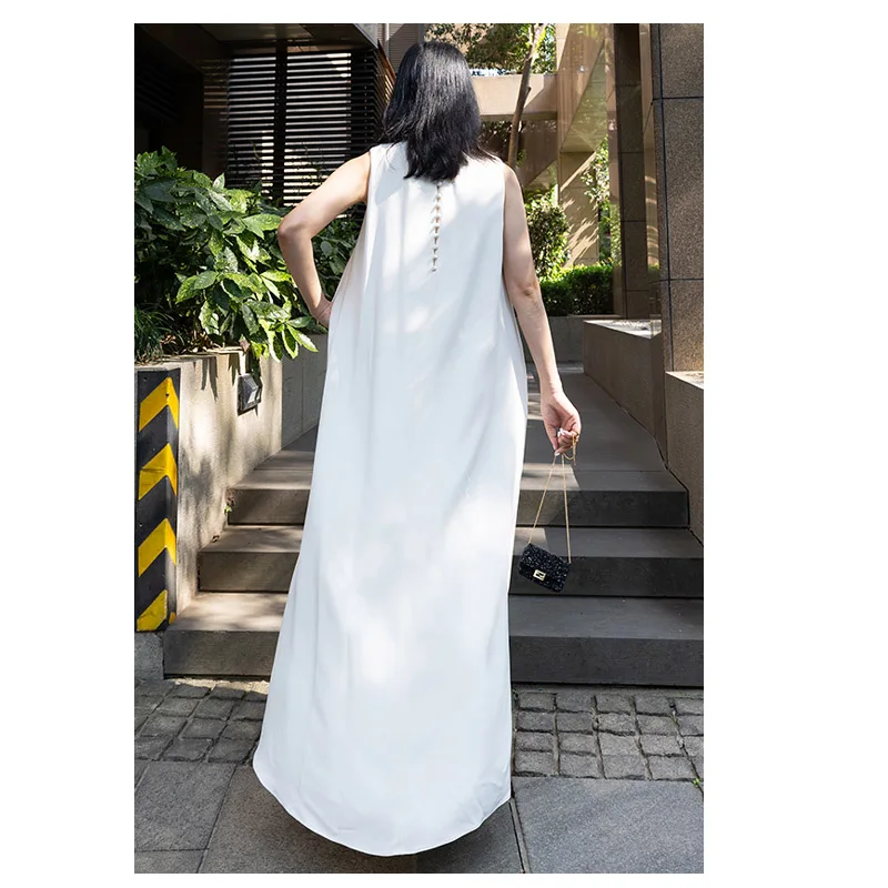 Fengbaoyu Triacetic Acid Spring Summer Lady Round Collar A Word vest Dress Temperament Noble White Large Size 5XL Free Shipping