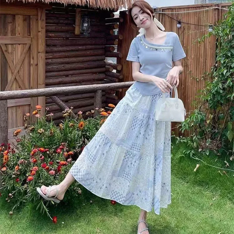 

Summer Women Short Sleeved Floral Long Skirts Outfit Female A-line Maxi Skirt 2pcs French Ladies Tops Long Skirts Two Piece Suit