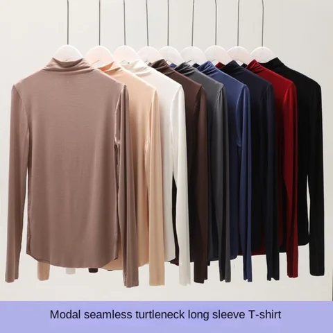 Fall and Winter 2023 New Luxury Clothing Stretch Modal T-Shirt for Women Half-high Collar Slim-fit Solid Color Long Sleeve Top