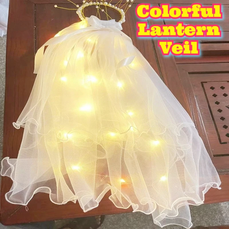 

LED Bridal Tiara Veil Lights Flowing Fringe Forest Fairy Wedding Crown Double Layer Soft Tulle Photography Prop Cosplay Gift
