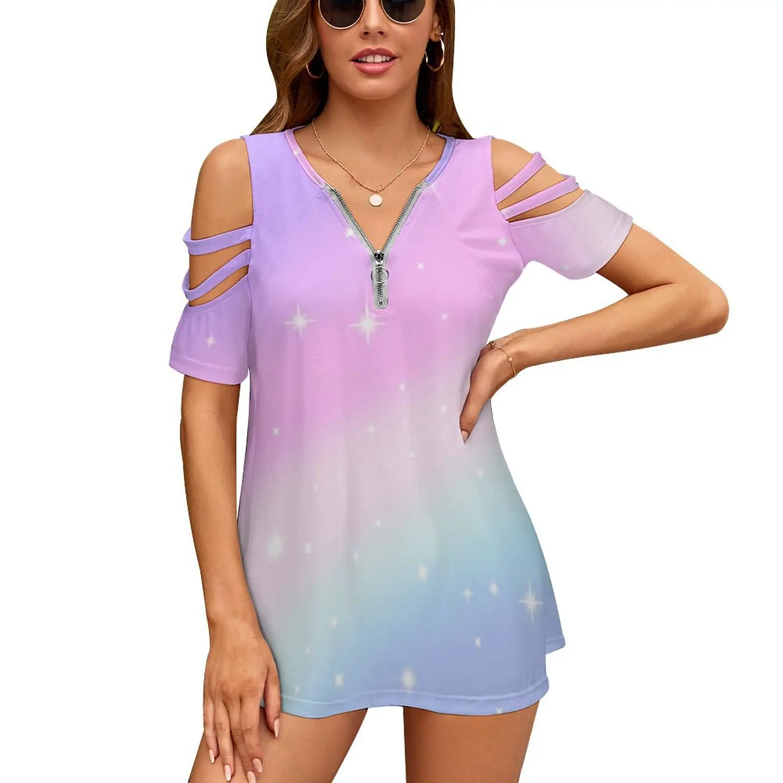 Kawaii Rainbow Magic Women Zipper Various styles Printed T Shirts Tops Full Print T-Shirt Kawaii Rainbow Aesthetic Magic Pastel