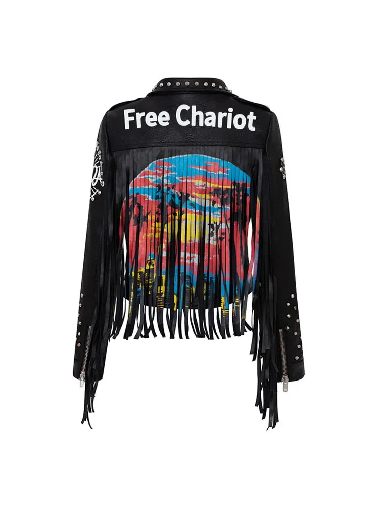 ZURICHOUSE Chic Rivet Tassel Jacket Women Faux Leather Outwear Streetwear Punk Style Graffiti Print PU Leather Coat Female