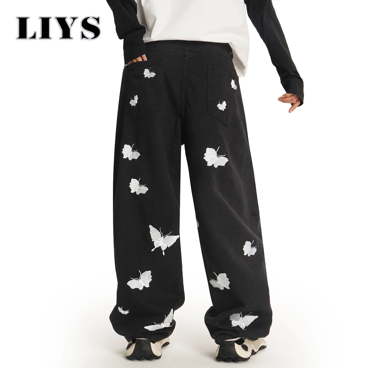 الكورية السوداء عارضة Y2K فضفاض واسعة الساق الرجال الجينز الأمريكية الرجعية فراشة التطريز فضفاض المتخصصة تصميم للجنسين الدنيم السراويل
