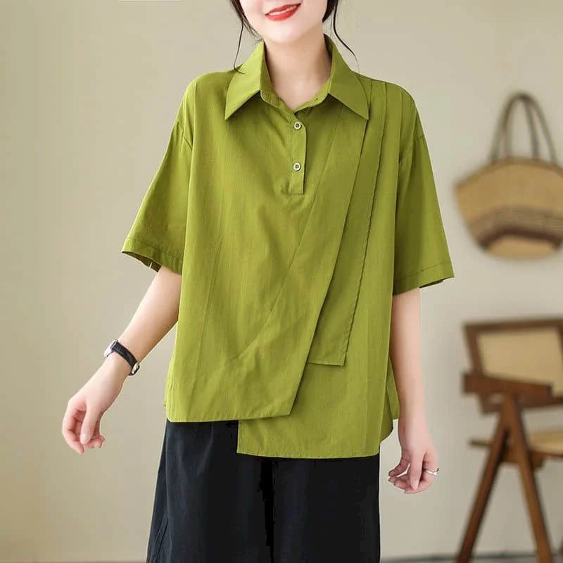 Shirts for Women Cotton Vintage Solid Oversized Polo-neck Irregular Loose Half Sleeve Korean Fashion Blouse Women Office Tops