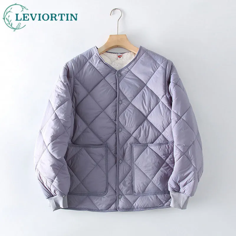 Winter couple's fashionable and versatile simple and loose, with thick velvet and diamond patterned quilted down cotton jacket