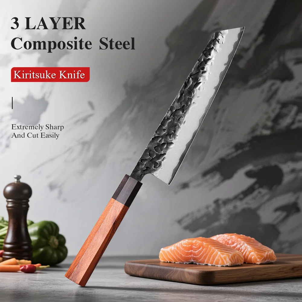

8.2" Japanese Hand Forged Kiritsuke Knife 3-Layer Composite Steel Professional Chef Knife Kitchen Sharp Cleaver Cooking Tools