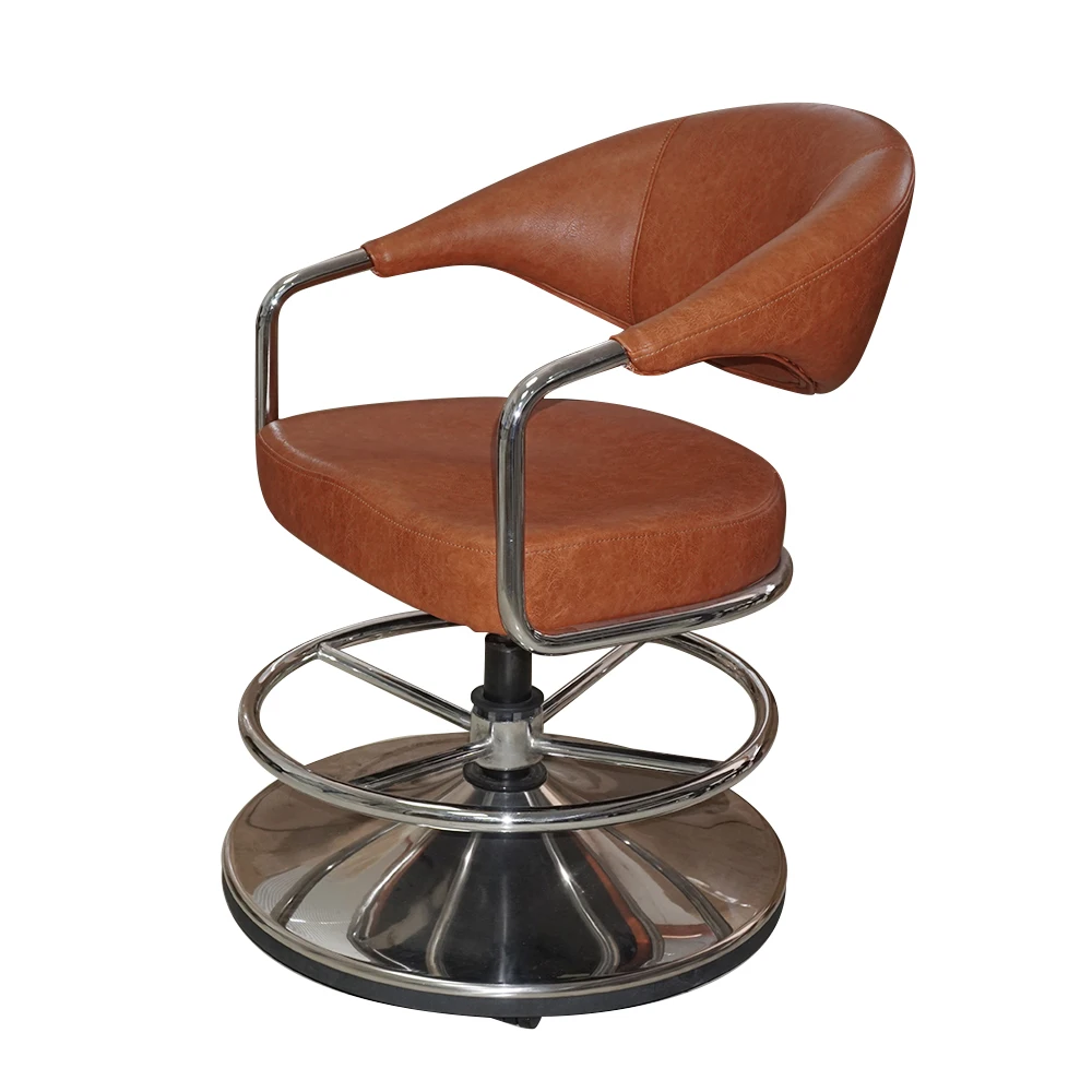 Sliding Metal Bottom Brown Leather Stand Salon Chair Casino Bar Casual Adjustable Height Gaming Chair