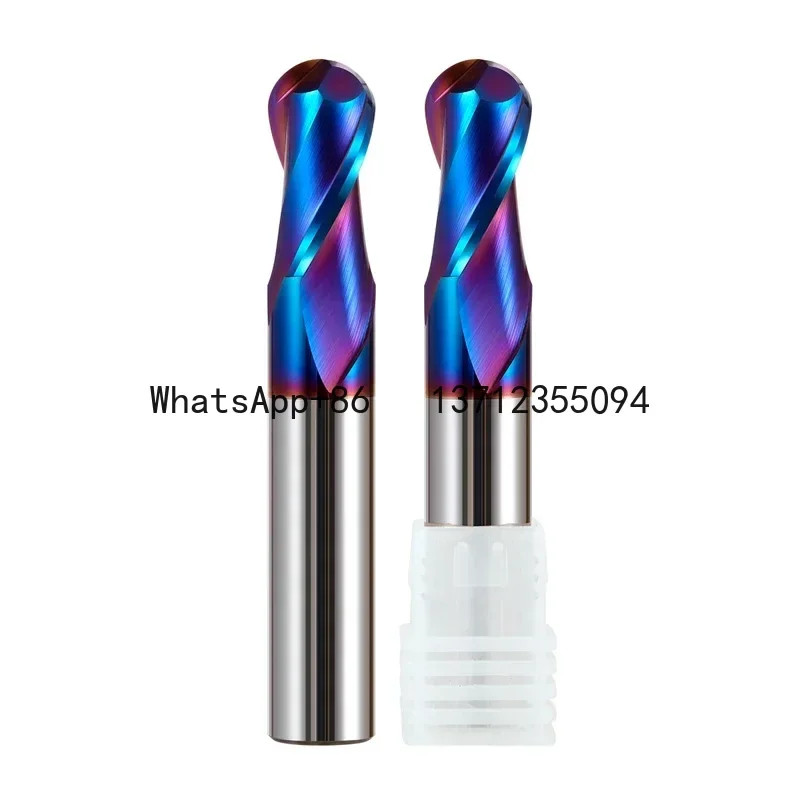 Mata Bor Ball Nose HRC65 1-20mm Shank 2 Flute CNC Router Bit Nano Blue Coated Carbide Milling Cutter Untuk Peralatan Logam