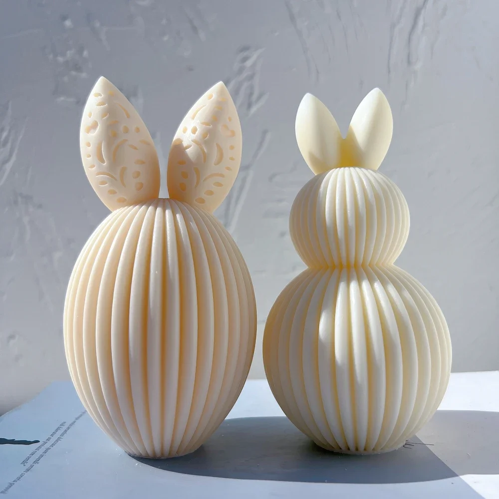 Ribbed Egg Rabbit Ear Candle Mold For Easter Decor Aesthetic Silicone Mould Geometric Striped Soy Wax Mold