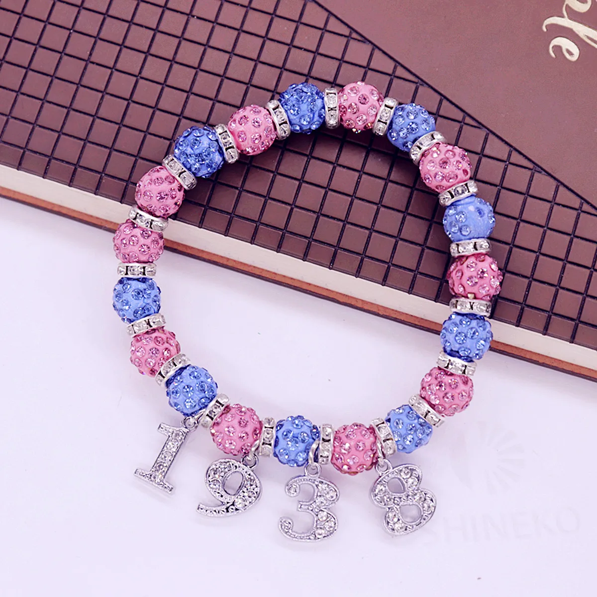 Adjust Stretch Beaded Light Blue Pink Crystal Beads Group Jack And Jill Symbol JJ 1938 Bracelets Jewelry