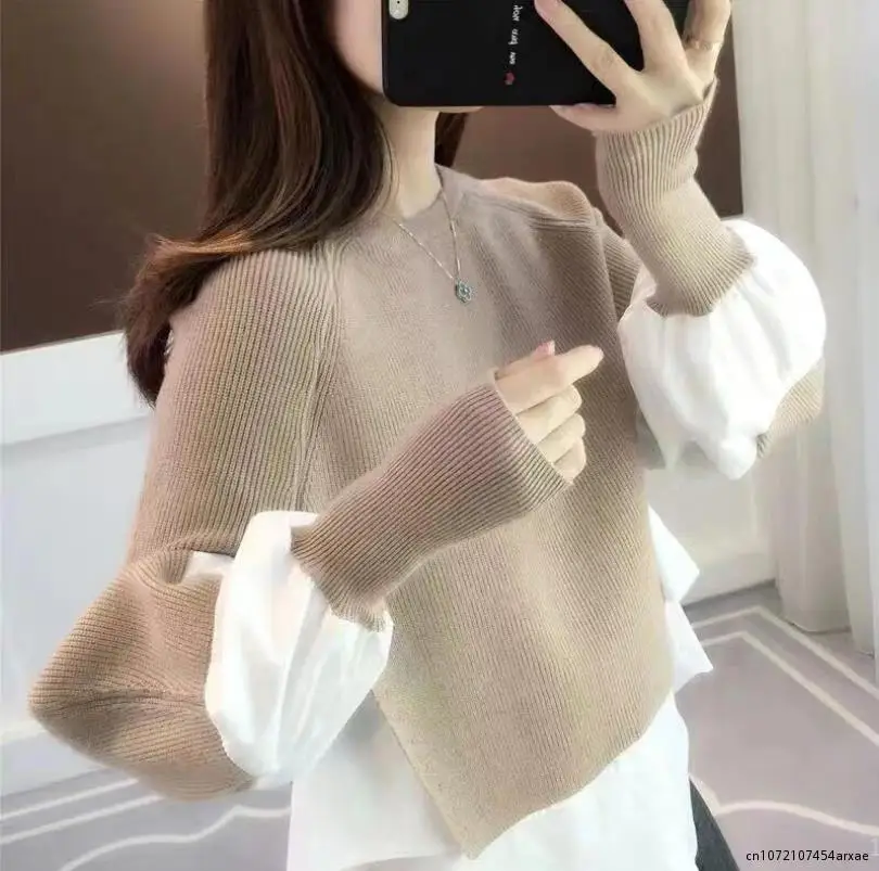 

Winter Women's Sweater Splice Shirt Fake Two Autumn and Winter Fashionable Knitted Women's Shirts Pullover Long Sleeve Top