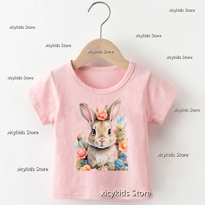 Watercolor Easter Bunny With Flowers Cartoon Print Girls T-Shirt Cute Kids Clothes Summer Short Sleeved Easter Girl Clothing Top