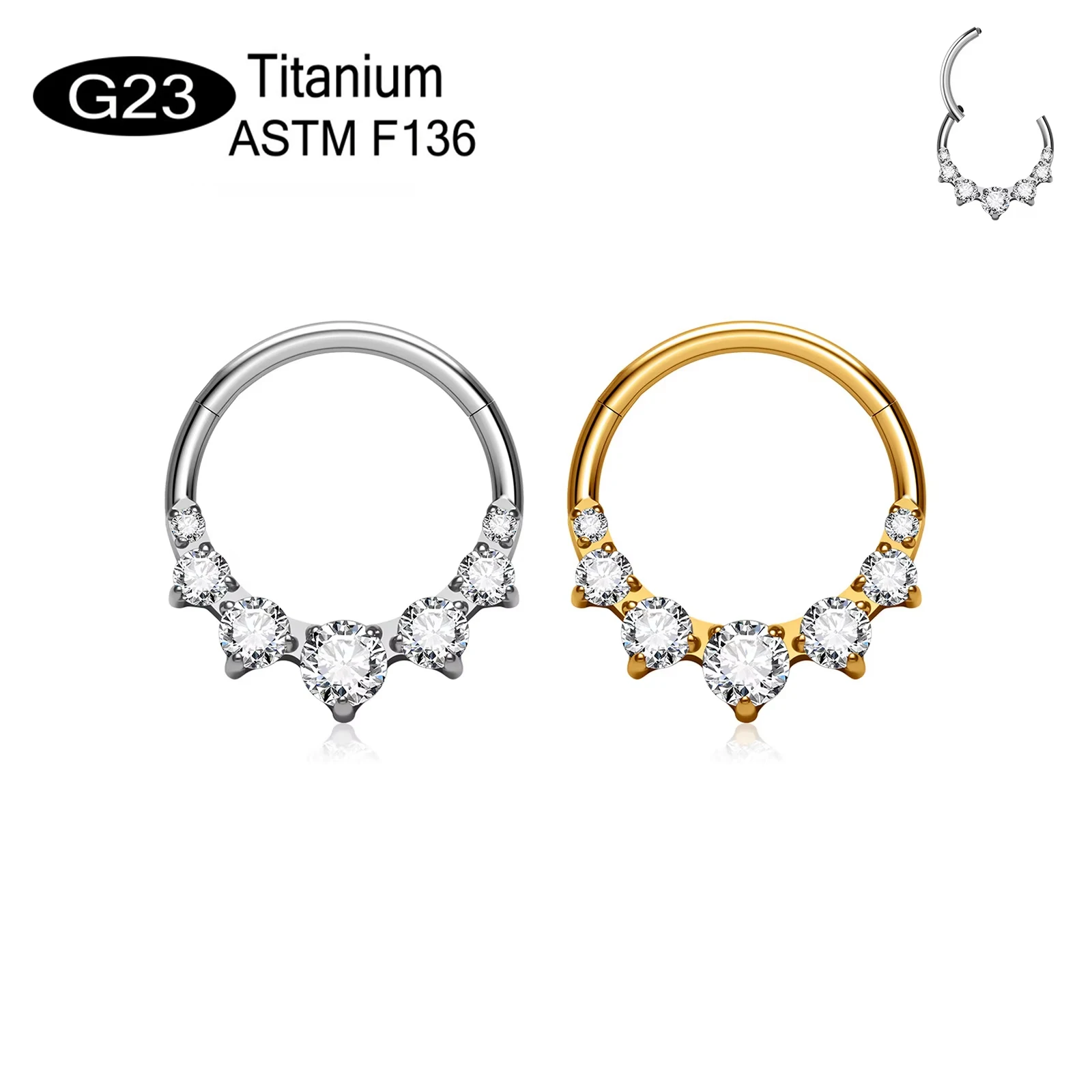 G23 Titanium Septum Clicker Ring Multi CZ Zircon Hinged Segment Nose Hoop Cartilage Helix Tragus Body Piercing Jewelry 16G