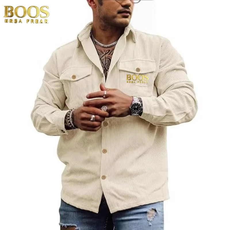 سترة BOOSHRDAFREAR سروال قصير بأزرار وأكمام طويلة مخططة كاجوال بجيب مزدوج قميص عمل على الطراز الكوري للرجال