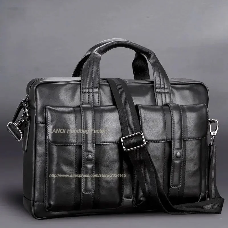 High Class Luxury Genuine Briefcases Leather Office Men Business Male 15"Laptop Shoulder Bags Tote Black