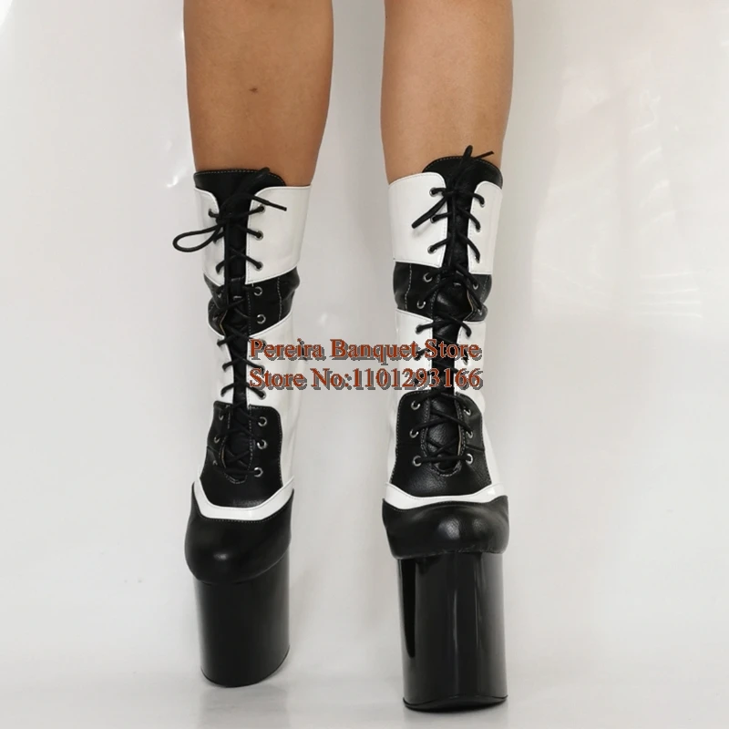 السماء عالية الكعب 20 سنتيمتر منصة حذاء من الجلد أسود أبيض الجلود المرقعة مختلط الألوان الدانتيل يصل قصيرة التمهيد مثير نادي الرقص الأحذية #3