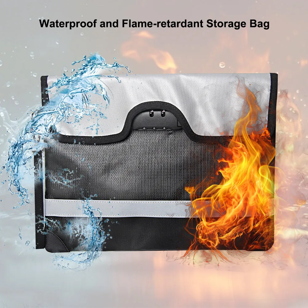 Fireproof Document Bag w/ Lock Zipper Safe Document Fireproof Money Bag Travel Information Document Organizer Wear-resistant Bag