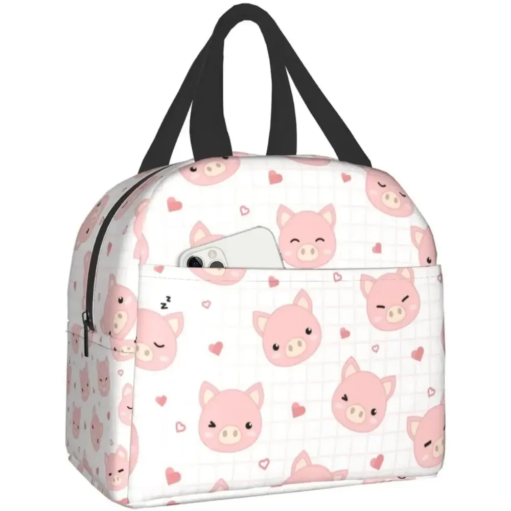 Lancheiras fofas de porco de desenho animado para mulheres e homens, lancheira isolada, sacola bento com bolso frontal para escritório, escola, piquenique