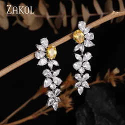 ZAKOL Exquisite Yellow White Cubic Zirconia Long Dangle Earings for Women Fashion Wedding Engagement Party Jewelry