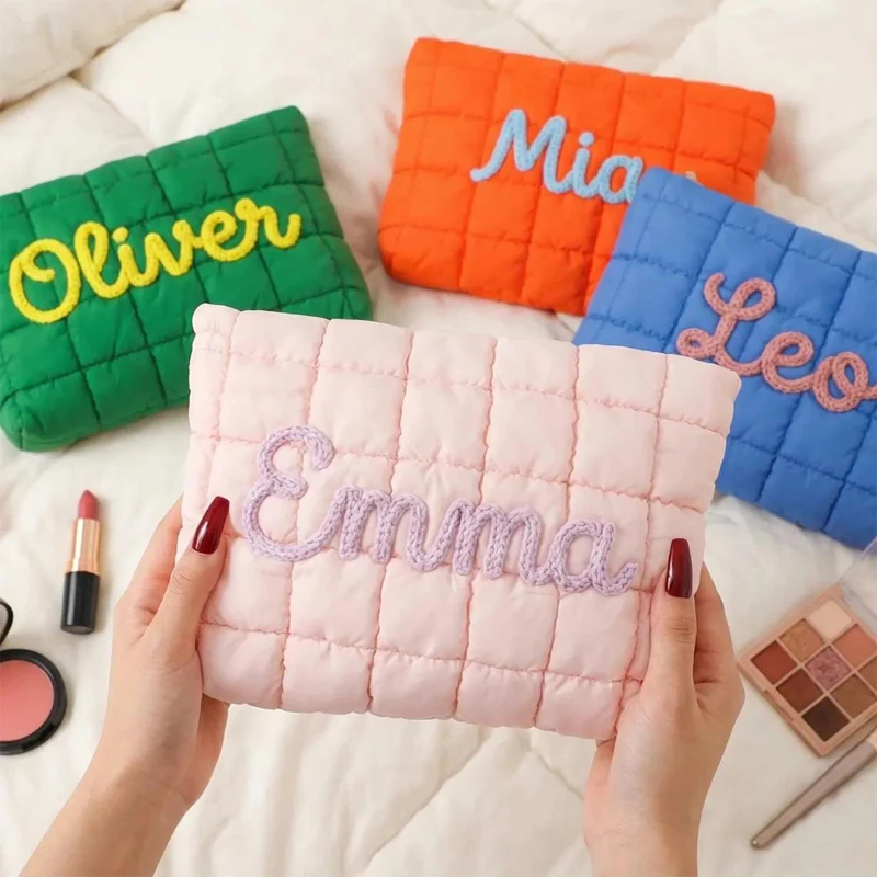 Custom Embroidered Puffer Toiletry Bag Personalized Quilted Cosmetic Case Travel Makeup Organizer Bridal Party & Friend's Gift