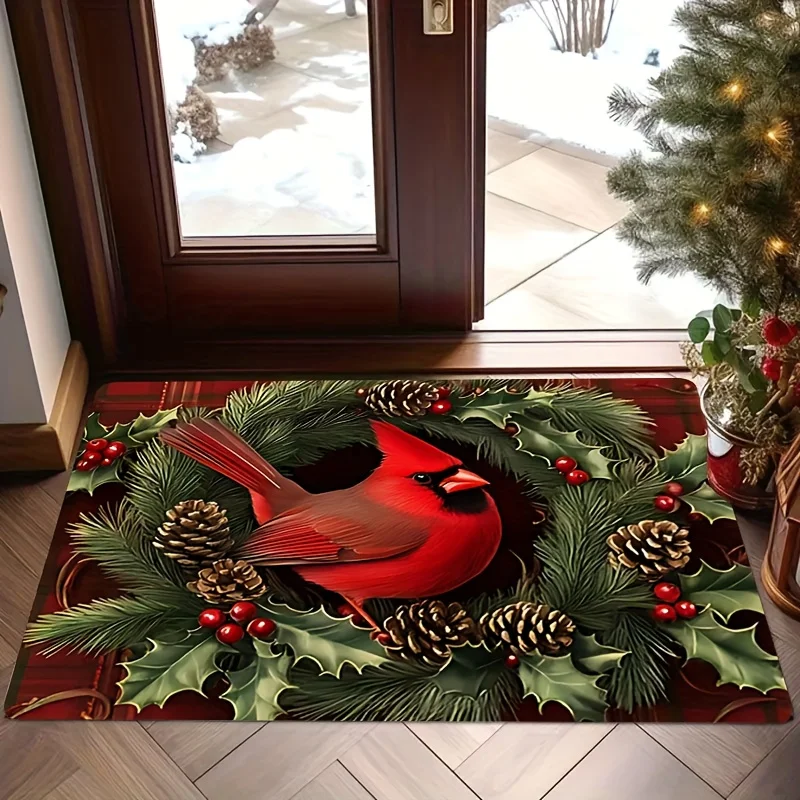 Christmas Cardinal Bird Wreath Flannel Doormat Holly Berry Pine Cone Plaid Anti‑Slip Absorbent Home Front Entrance Holiday Rug